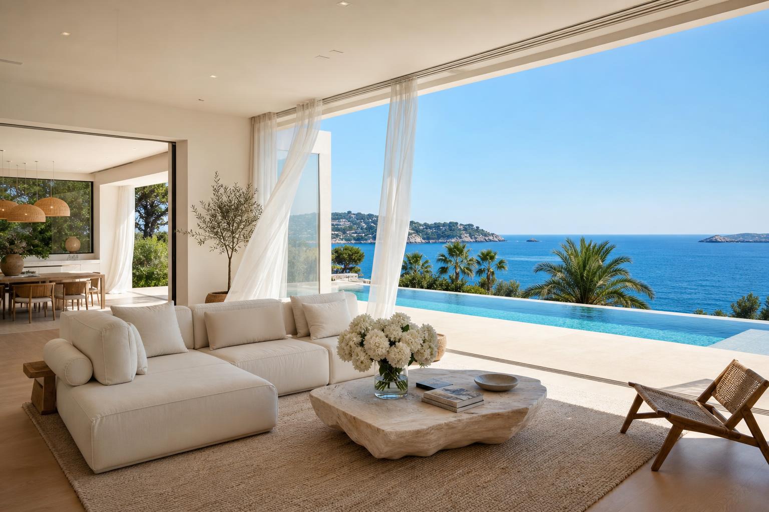Luxury Mediterranean villa with infinity pool overlooking the sea at sunset